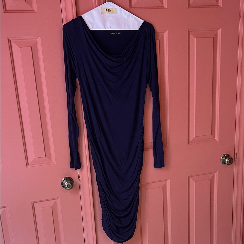 Maternity Form-Fitting Navy Long-Sleeve Drape Dress
